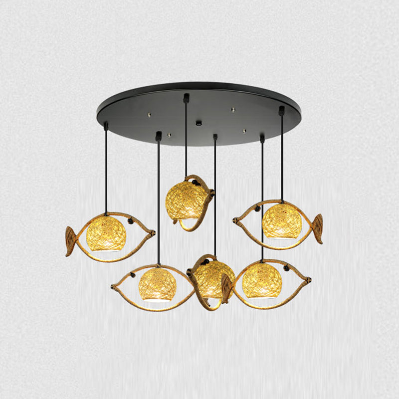 Retro Restaurant Pendant Ceiling Light - Hemp Rope Fish Suspension Lighting With Globe Rattan Shade