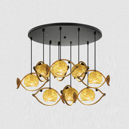 Retro Restaurant Pendant Ceiling Light - Hemp Rope Fish Suspension Lighting With Globe Rattan Shade