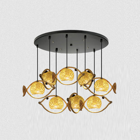 Hemp Rope Fish Suspension Pendant Ceiling Light with Globe Rattan Shade - Retro Restaurant Lighting in Brown