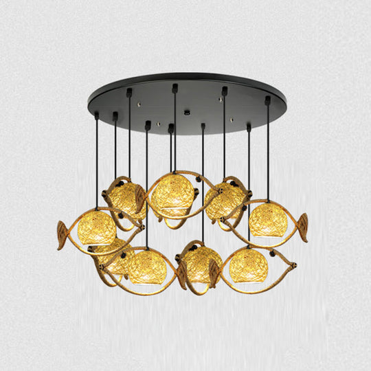 Retro Restaurant Pendant Ceiling Light - Hemp Rope Fish Suspension Lighting With Globe Rattan Shade