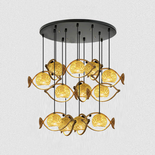 Hemp Rope Fish Suspension Pendant Ceiling Light with Globe Rattan Shade - Retro Restaurant Lighting in Brown