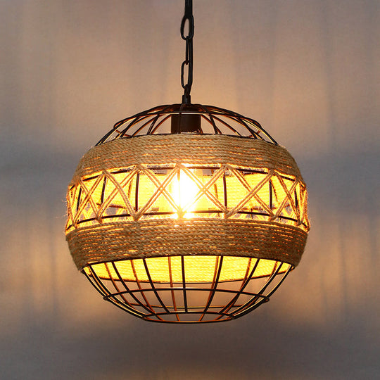 Industrial Geometric Hemp Rope Hanging Pendant Light - Single Ceiling Light in Black