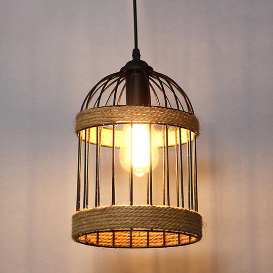 Industrial Geometric Hemp Rope Hanging Pendant Light - Single Ceiling Light in Black