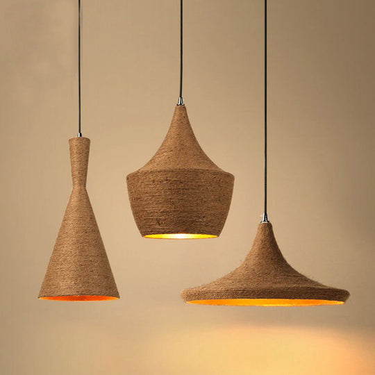 Retro Hemp Rope Geometric Pendant Ceiling Light - Brown Single Suspension For Restaurants