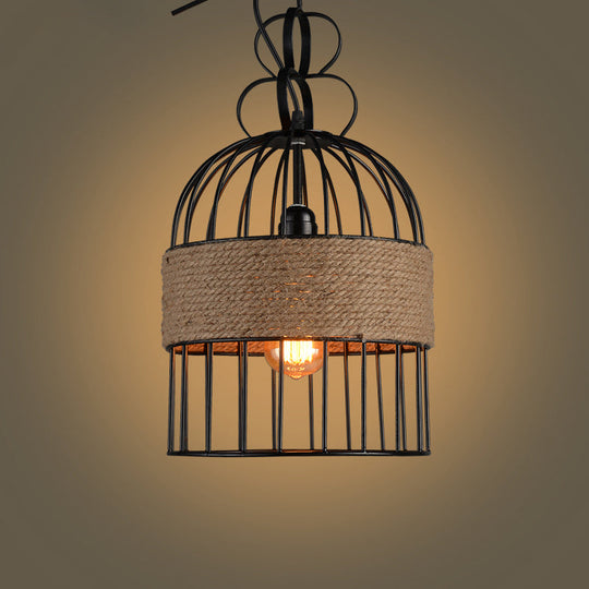 Black Vintage Birdcage Pendant Lamp with Hemp Rope