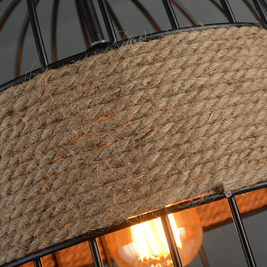 Black Vintage Birdcage Pendant Lamp with Hemp Rope