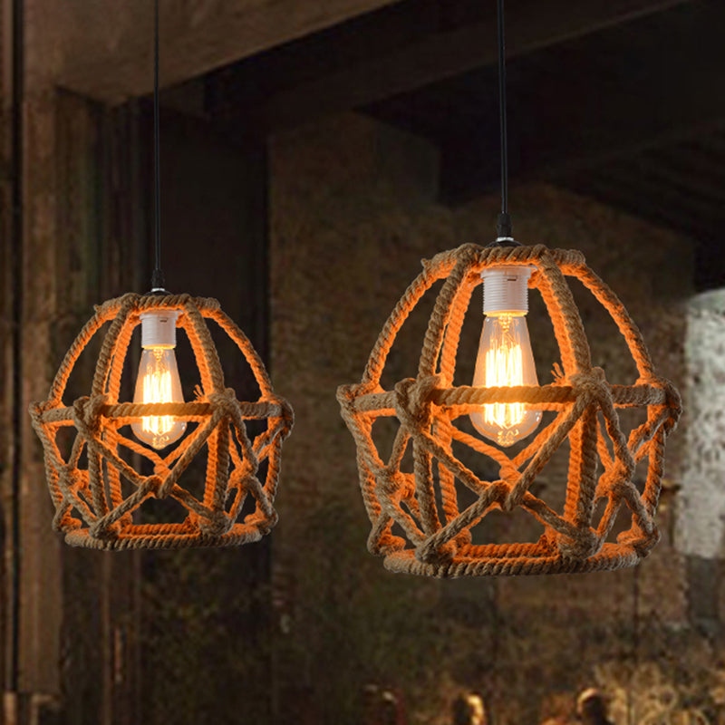 Globe Cage Hemp Rope Pendant Light - Antique Brown Finish, 1-Light Fixture for Restaurants