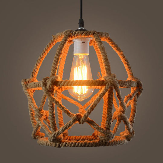 Globe Cage Pendant Light With Hemp Rope Detail - Antique Brown Restaurant Hanging Fixture