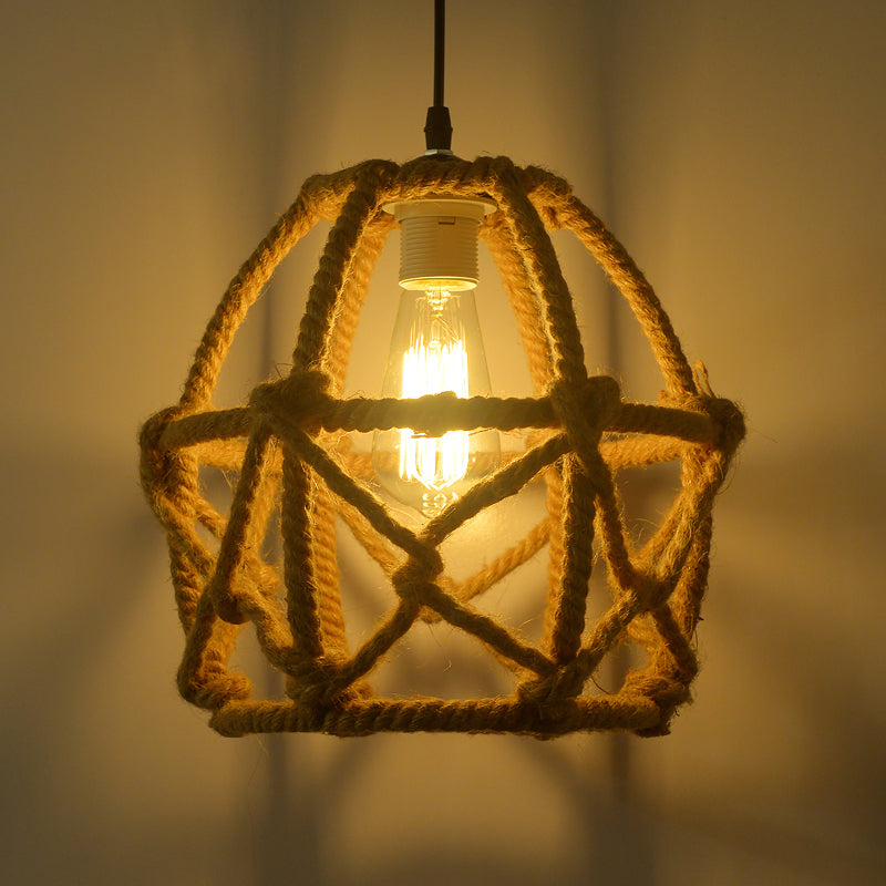 Globe Cage Hemp Rope Pendant Light - Antique Brown Finish, 1-Light Fixture for Restaurants