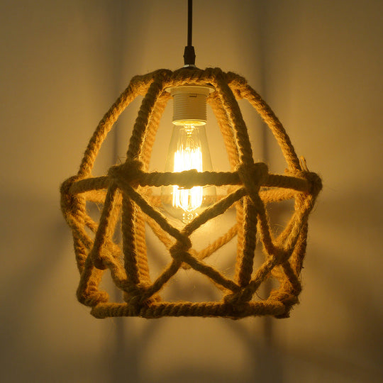 Globe Cage Pendant Light With Hemp Rope Detail - Antique Brown Restaurant Hanging Fixture