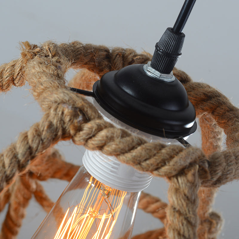 Globe Cage Pendant Light With Hemp Rope Detail - Antique Brown Restaurant Hanging Fixture