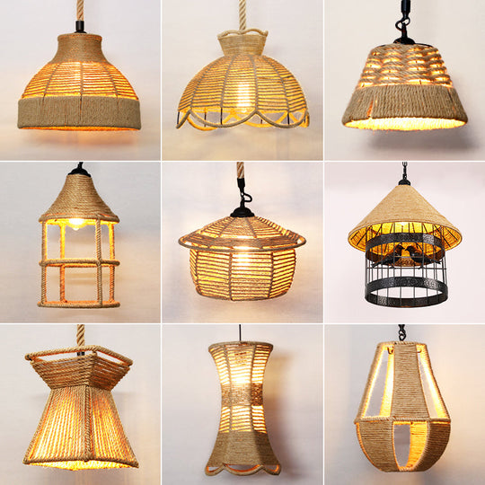 Rustic Hemp Rope Caged Pendant Light Fixture - Brown 1 Bulb Ideal For Restaurants