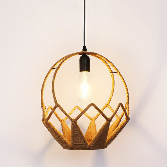 Rustic Hemp Rope Caged Pendant Light Fixture - Brown 1 Bulb Ideal For Restaurants / L