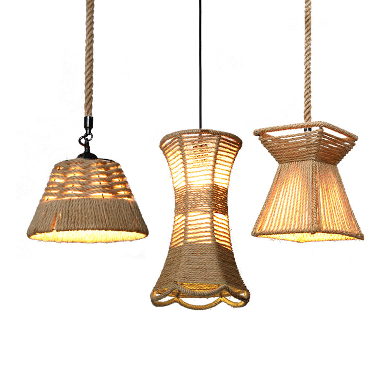 Rustic Hemp Rope Caged Pendant Light Fixture - Brown 1 Bulb Ideal For Restaurants