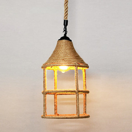 Rustic Hemp Rope Caged Pendant Light Fixture - Brown 1 Bulb Ideal For Restaurants / E