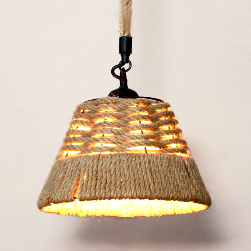 Rustic Hemp Rope Caged Pendant Light Fixture - Brown 1 Bulb Ideal For Restaurants / C