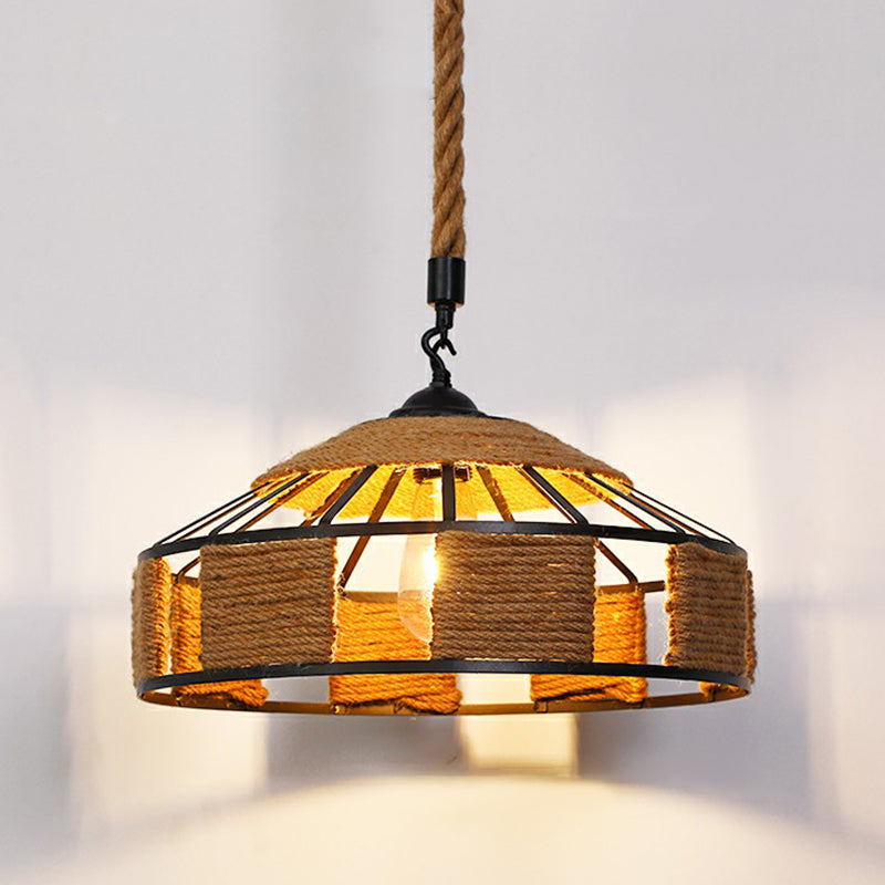 Hemp Rope Rustic Pendant Light with Caged Design and Brown Finish for Restaurants