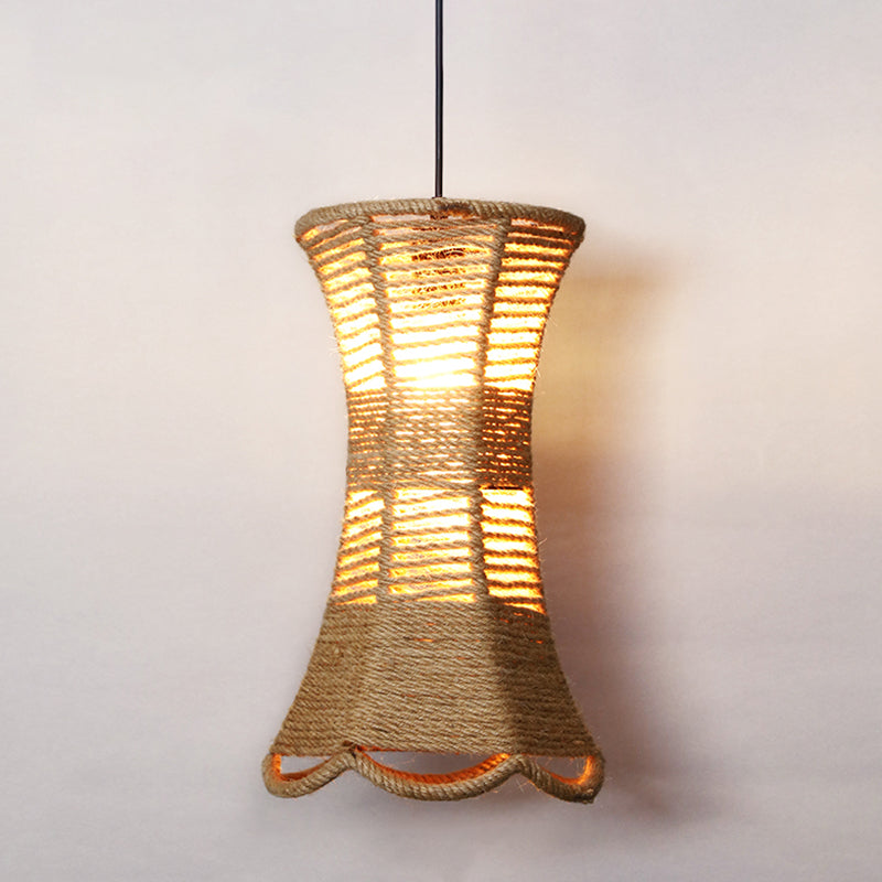 Hemp Rope Rustic Pendant Light with Caged Design and Brown Finish for Restaurants