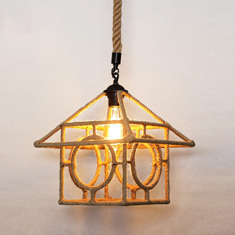 Rustic Hemp Rope Caged Pendant Light Fixture - Brown 1 Bulb Ideal For Restaurants / I