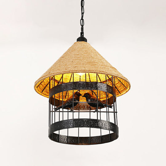 Hemp Rope Rustic Pendant Light with Caged Design and Brown Finish for Restaurants