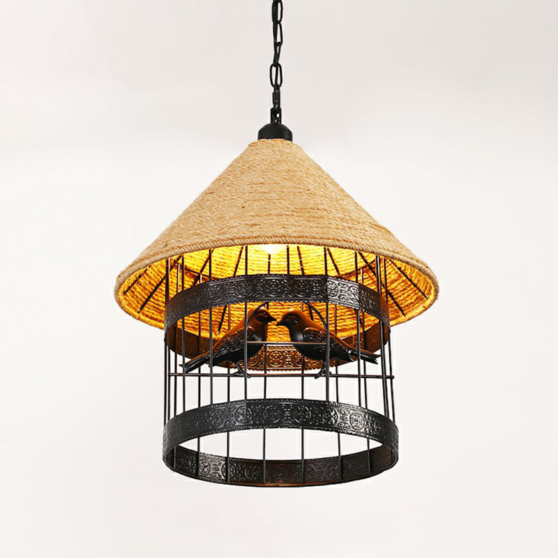 Rustic Hemp Rope Caged Pendant Light Fixture - Brown 1 Bulb Ideal For Restaurants / G