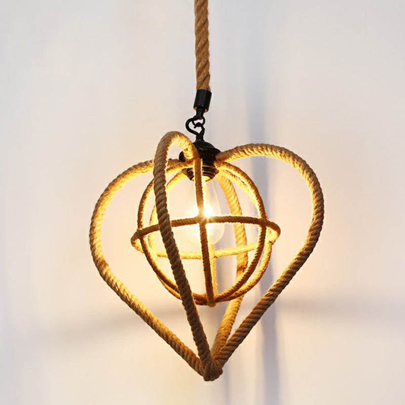 Hemp Rope Rustic Pendant Light with Caged Design and Brown Finish for Restaurants