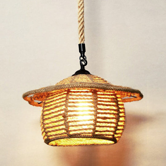 Rustic Hemp Rope Caged Pendant Light Fixture - Brown 1 Bulb Ideal For Restaurants / F