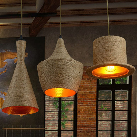 Industrial Style Single Ceiling Pendant Light In Brown With Shaded Hemp Rope