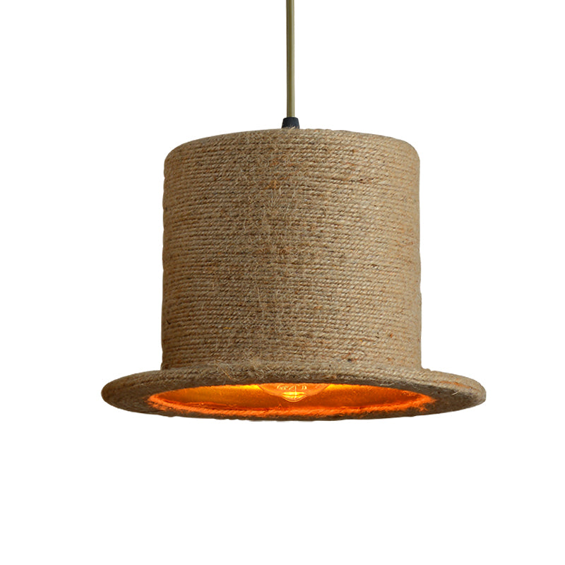 Industrial Style Single Ceiling Pendant Light In Brown With Shaded Hemp Rope