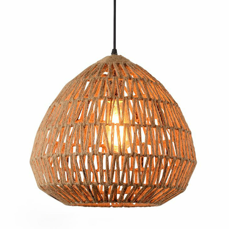 Rustic Single-Bulb Brown Hemp Rope Pendant Light With Vintage Cage Design / A