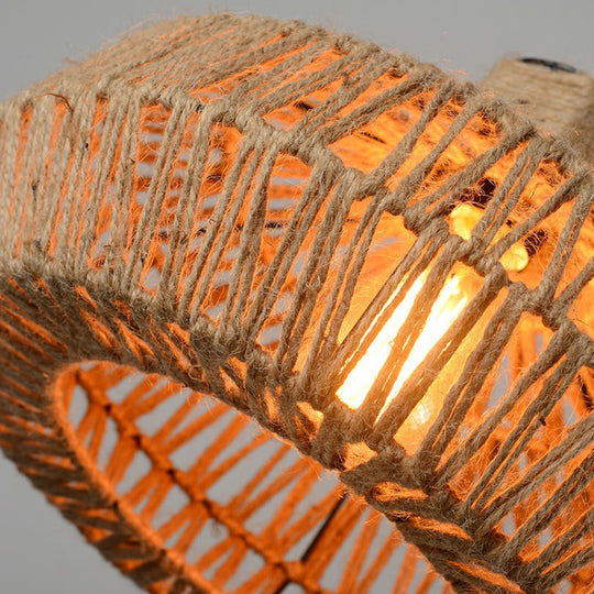 Rustic Hemp Rope Pendant Light with Vintage Cage