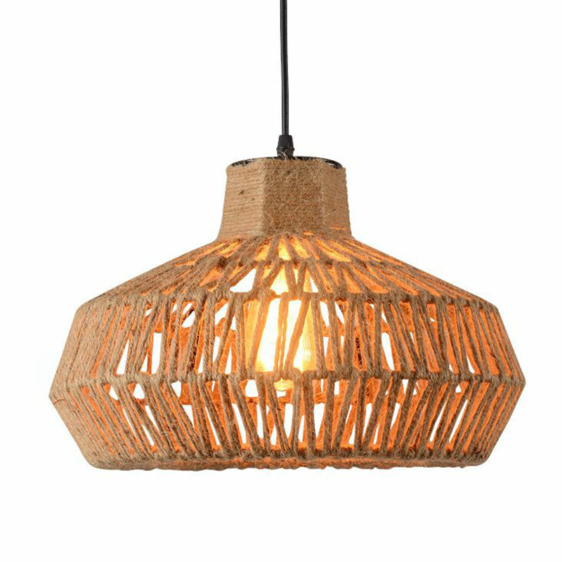 Rustic Single-Bulb Brown Hemp Rope Pendant Light With Vintage Cage Design / B