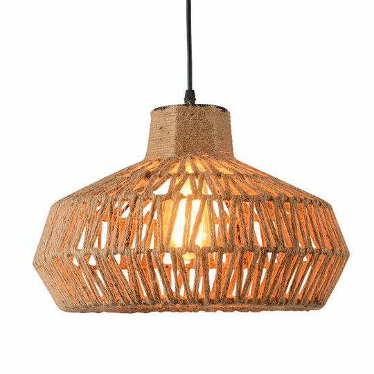 Rustic Single-Bulb Brown Hemp Rope Pendant Light With Vintage Cage Design / B