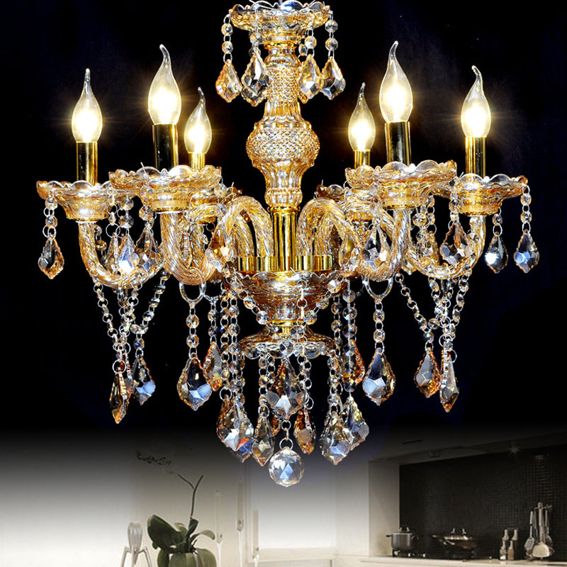 Mid-Century Crystal Pyramid Chandelier: 6-Head Gold Pendant Ceiling Light