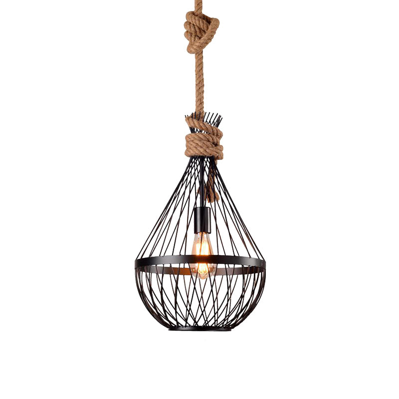 Iron Suspension Lighting: Retro 1 Head Pendant Ceiling Light with Hemp Rope in Black – Pear-Shaped Design for Restaurants