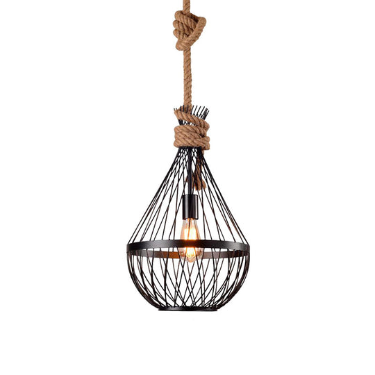 Iron Suspension Lighting: Retro 1 Head Pendant Ceiling Light with Hemp Rope in Black – Pear-Shaped Design for Restaurants