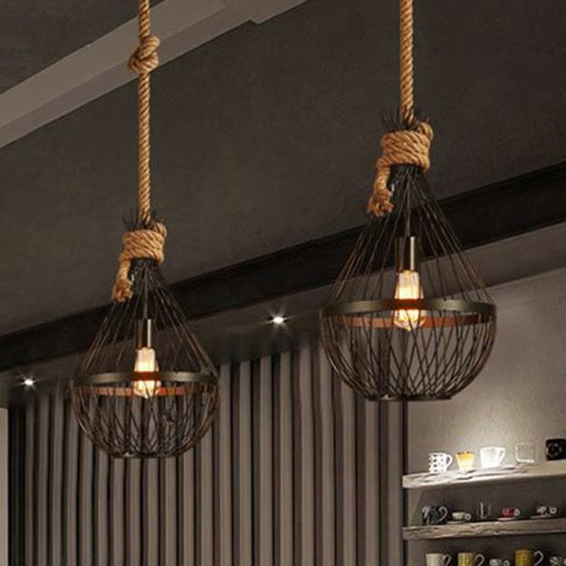 Iron Suspension Lighting: Retro 1 Head Pendant Ceiling Light with Hemp Rope in Black – Pear-Shaped Design for Restaurants