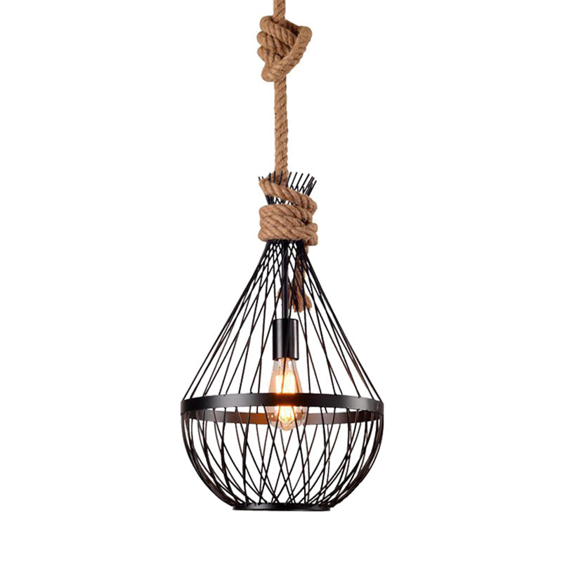 Retro Pendant Ceiling Light With Hemp Rope For Restaurants - Pear-Shaped Iron Suspension Lighting In