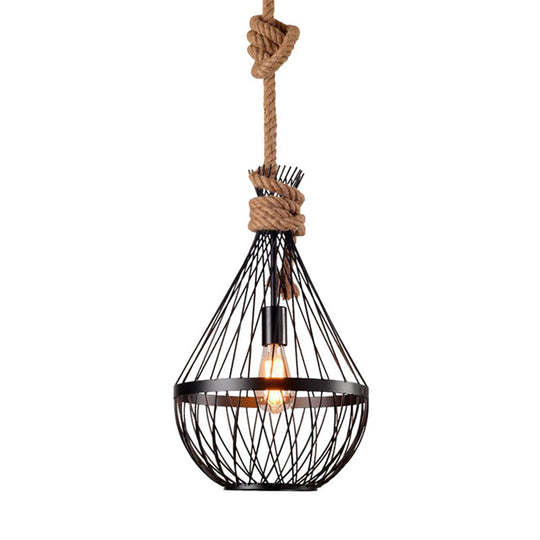 Retro Pendant Ceiling Light With Hemp Rope For Restaurants - Pear-Shaped Iron Suspension Lighting In