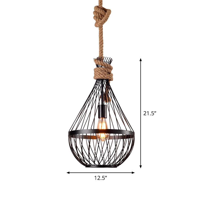 Iron Suspension Lighting: Retro 1 Head Pendant Ceiling Light with Hemp Rope in Black – Pear-Shaped Design for Restaurants