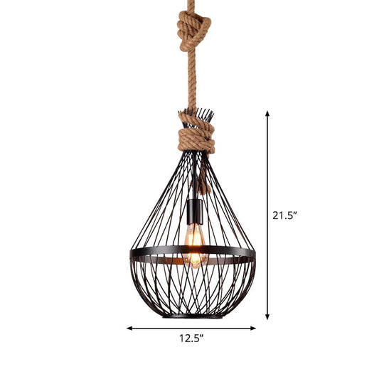 Retro Pendant Ceiling Light With Hemp Rope For Restaurants - Pear-Shaped Iron Suspension Lighting In