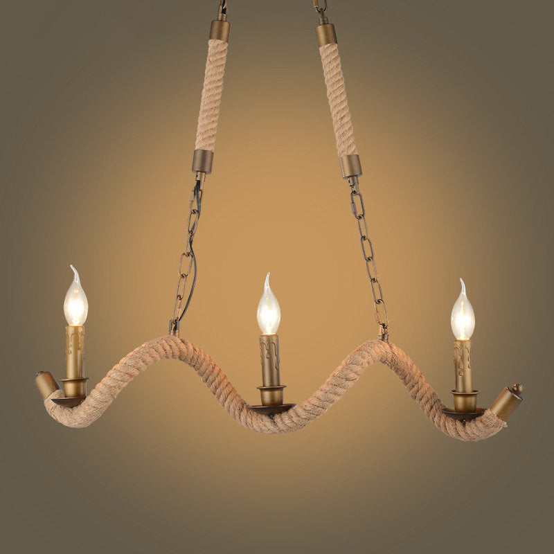 Vintage 3-Head Island Pendant Light: Candlestick Iron Ceiling Fixture With Hemp Rope - Flaxen Finish