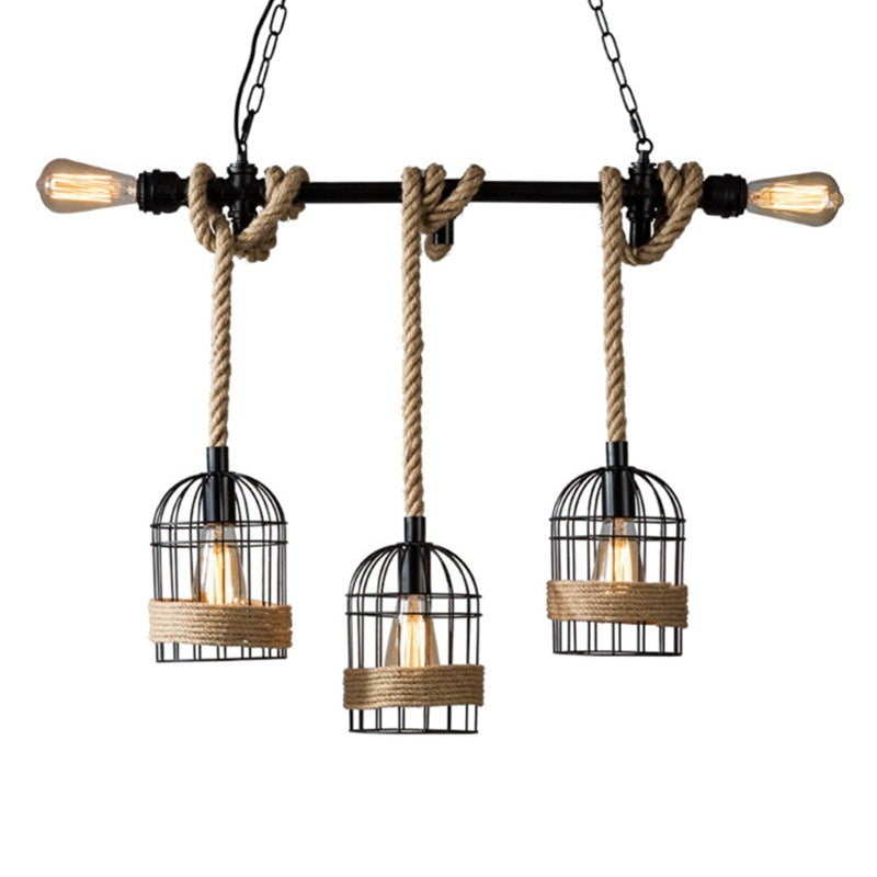 Antique Black Iron Pendant Light with Dangling Rope - Ideal for Restaurants and Hanging in Birdcages