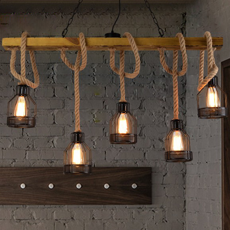 Rustic 5-Head Wood Dangling Island Pendant Light With Cage Restaurant Ceiling Fixture