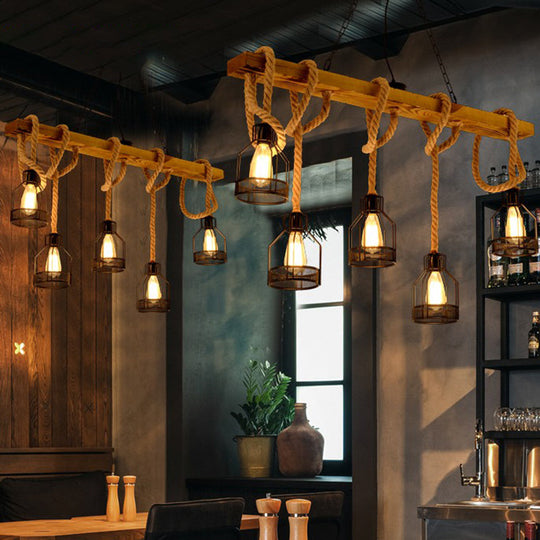 Rustic 5-Head Wood Dangling Island Pendant Light With Cage Restaurant Ceiling Fixture