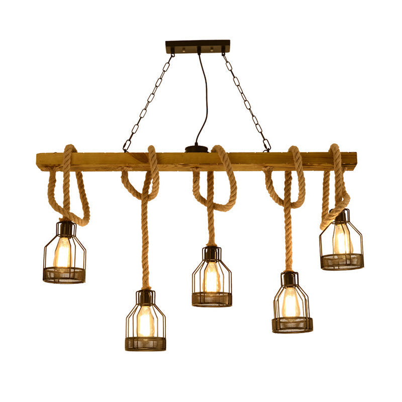 Rustic 5-Head Wood Dangling Island Pendant Light With Cage Restaurant Ceiling Fixture