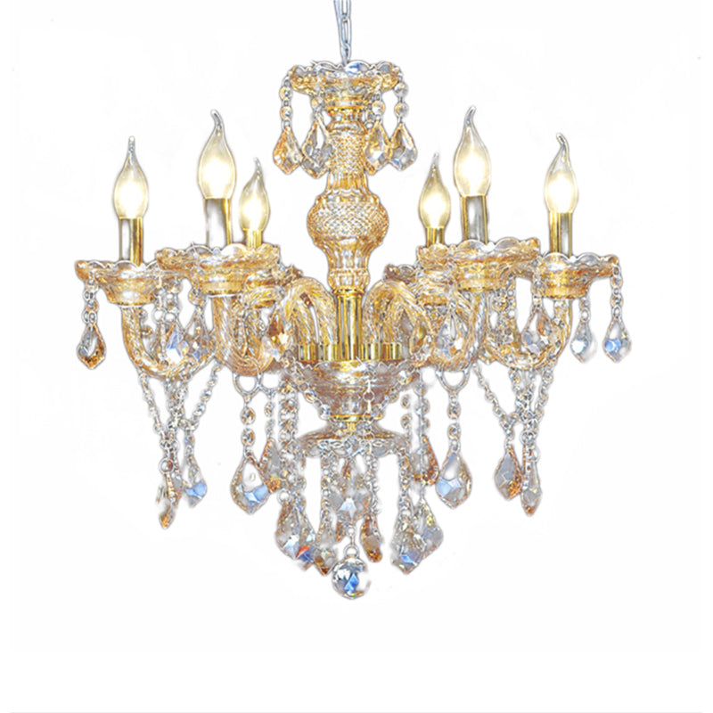 Mid-Century Crystal Pyramid Chandelier: 6-Head Gold Pendant Ceiling Light