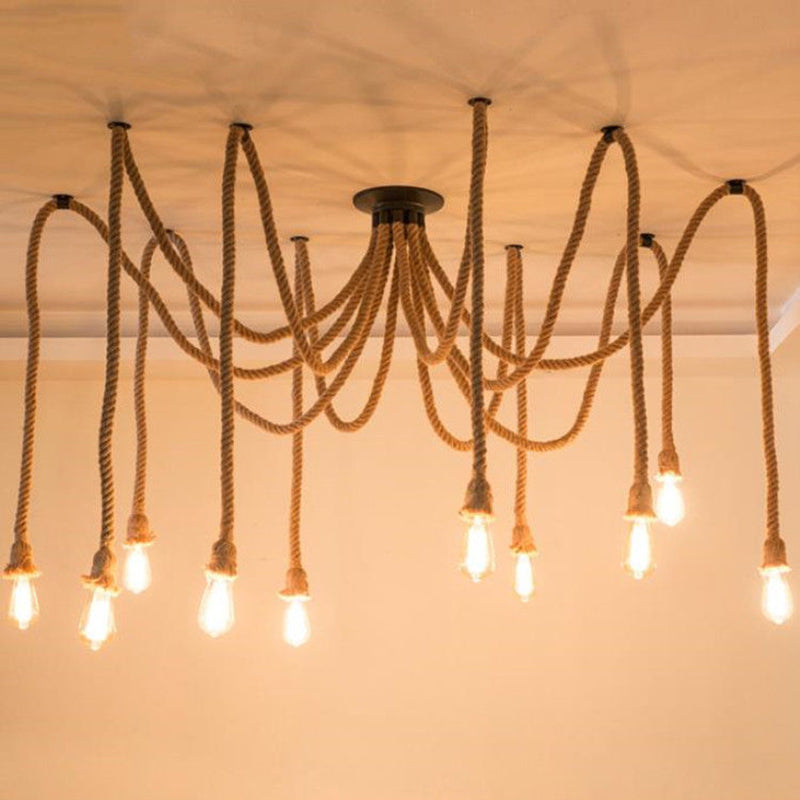 Hemp Rope Spider Chandelier - Rustic Flaxen Lighting For Restaurants 10 /