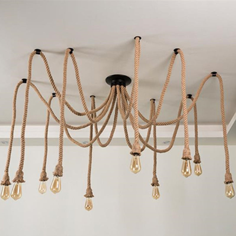 Hemp Rope Spider Chandelier - Rustic Flaxen Lighting For Restaurants