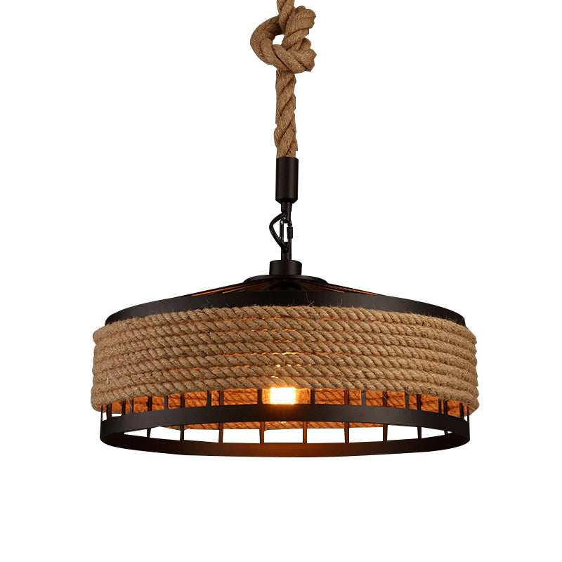 Hemp Rope Yurt Pendant Light Fixture For Rustic Restaurants - Black / 12